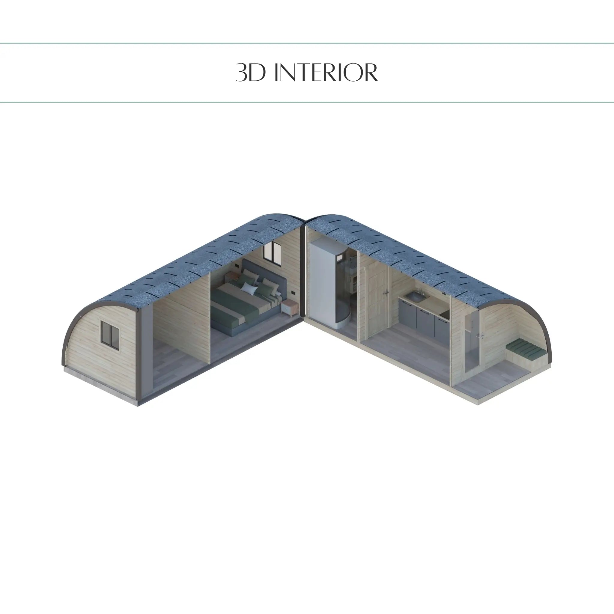 3D Interior Layout Model of Dual Halfmoon Luxury Family Glamping Pod