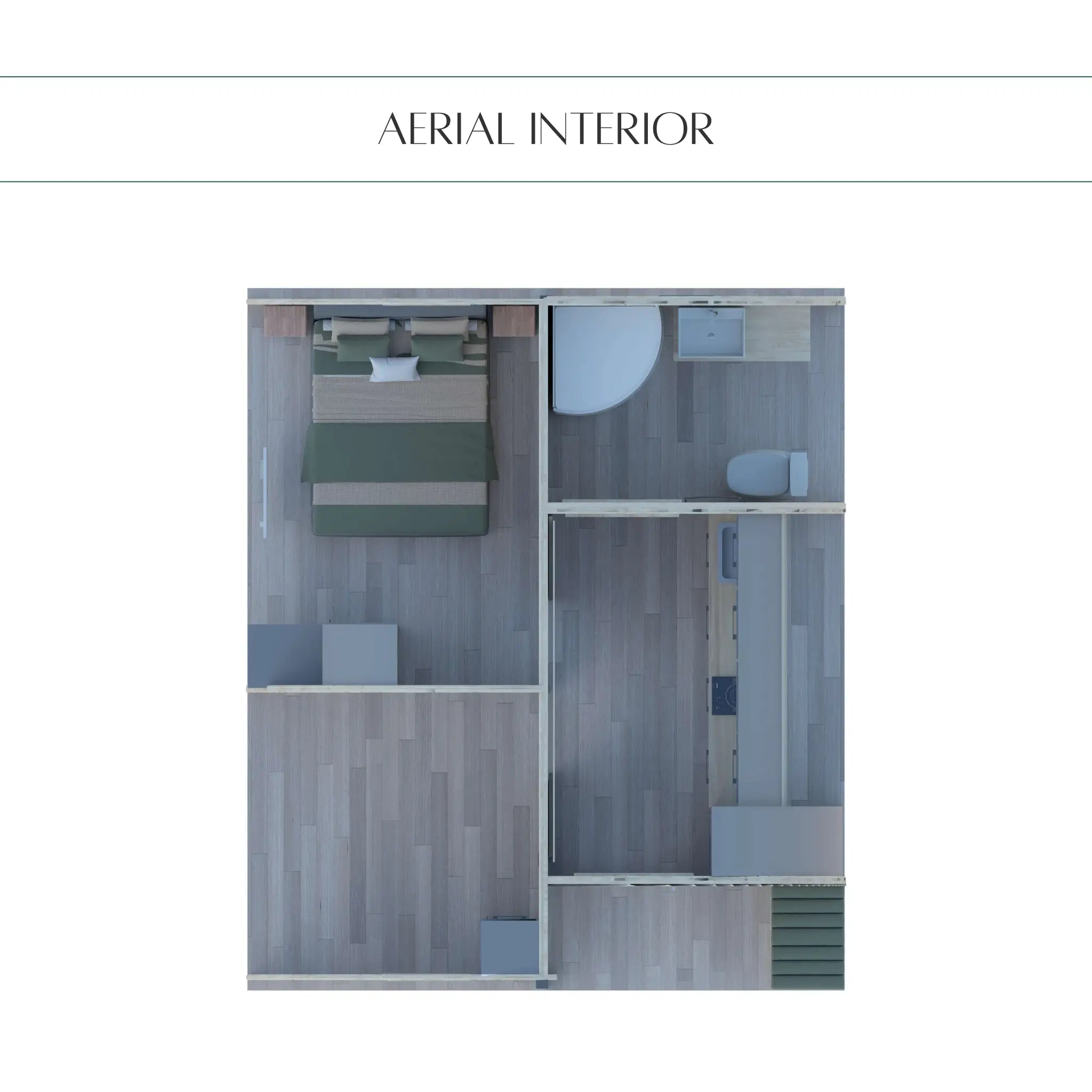Aerial view of 3D Interior Layout Model of Dual Halfmoon Luxury Family Glamping Pod