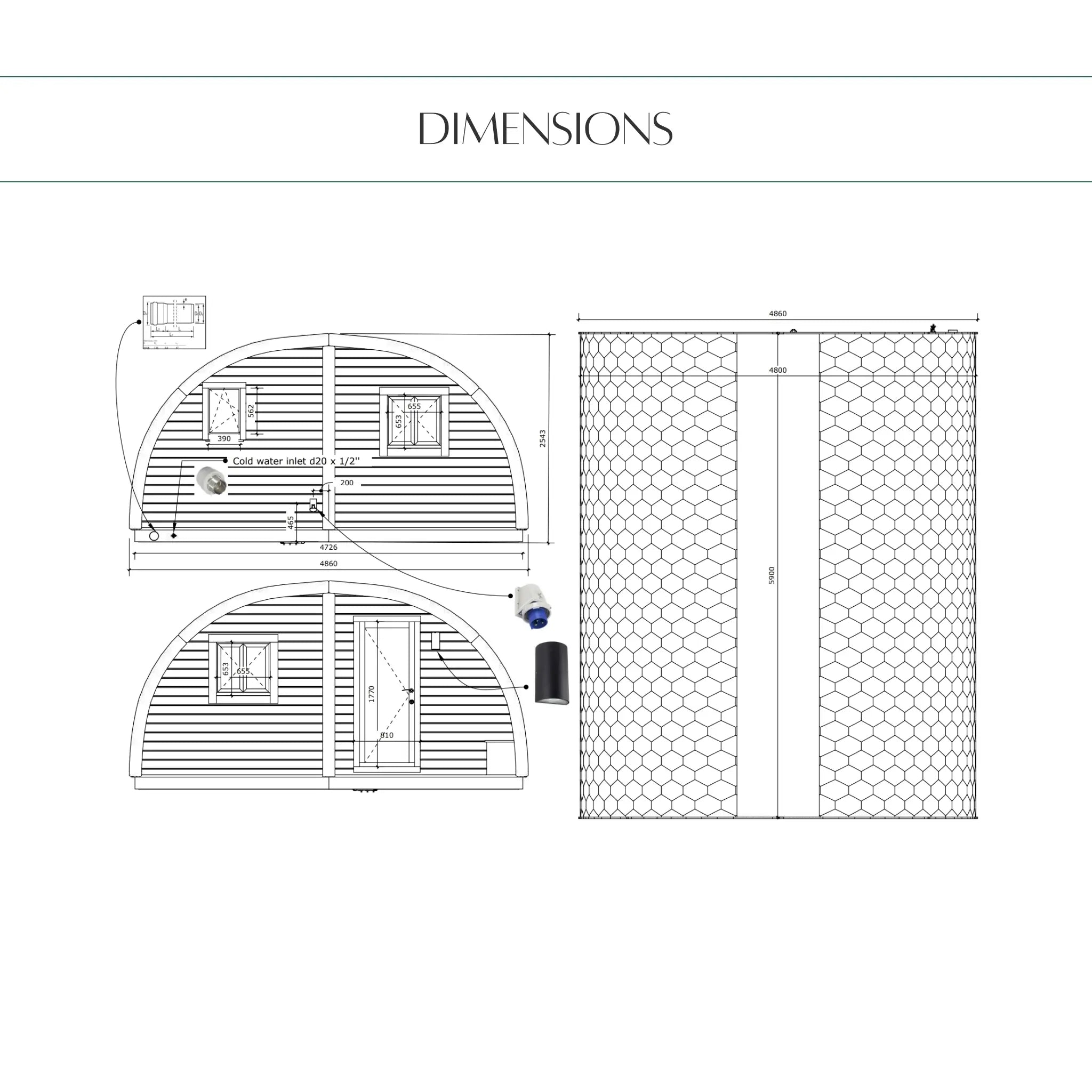Architectural Dimensions Drawing of Dual Halfmoon 4 Person Glamping Pod