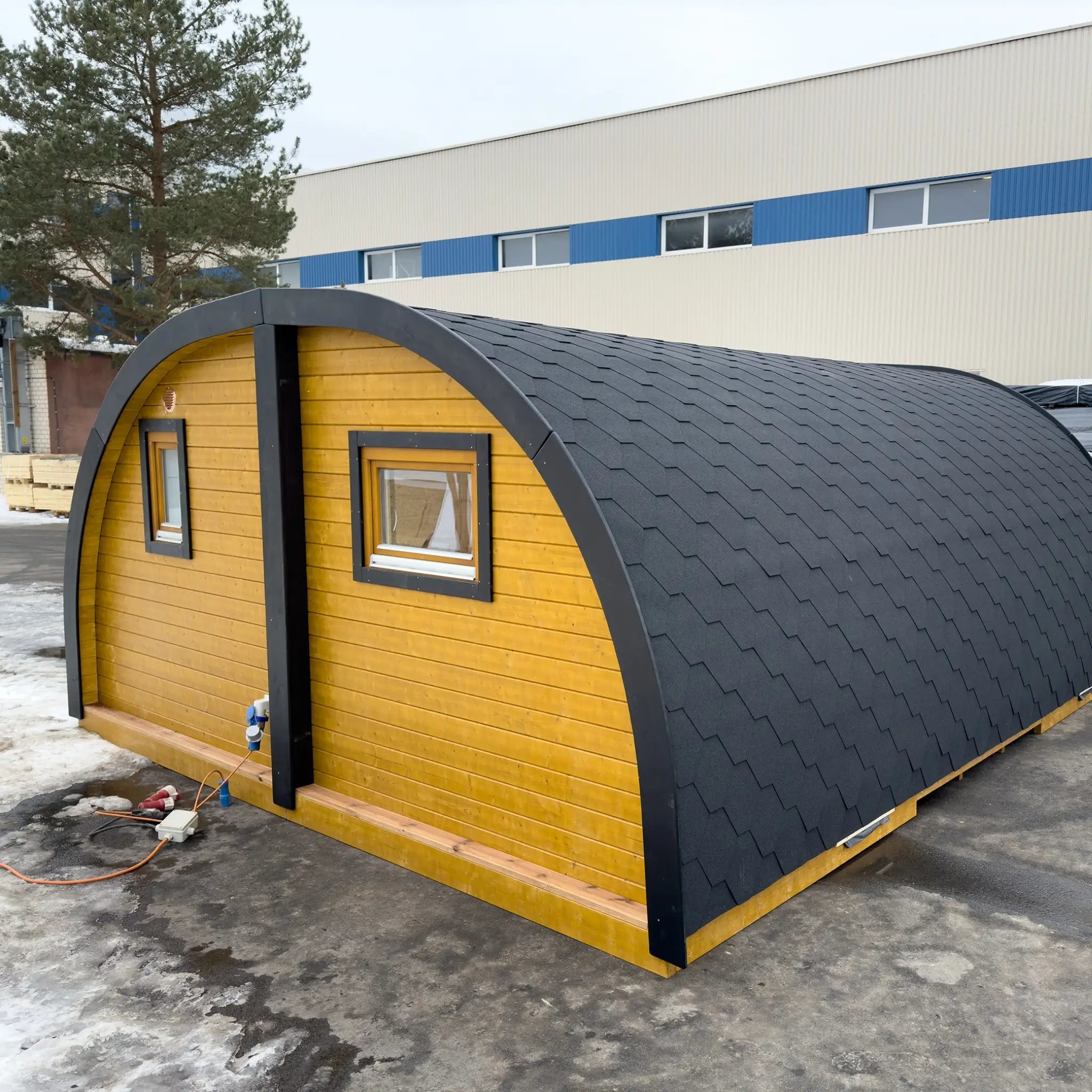 Rear Side View of Dual Halfmoon Pod Showing Curved Roof Structure