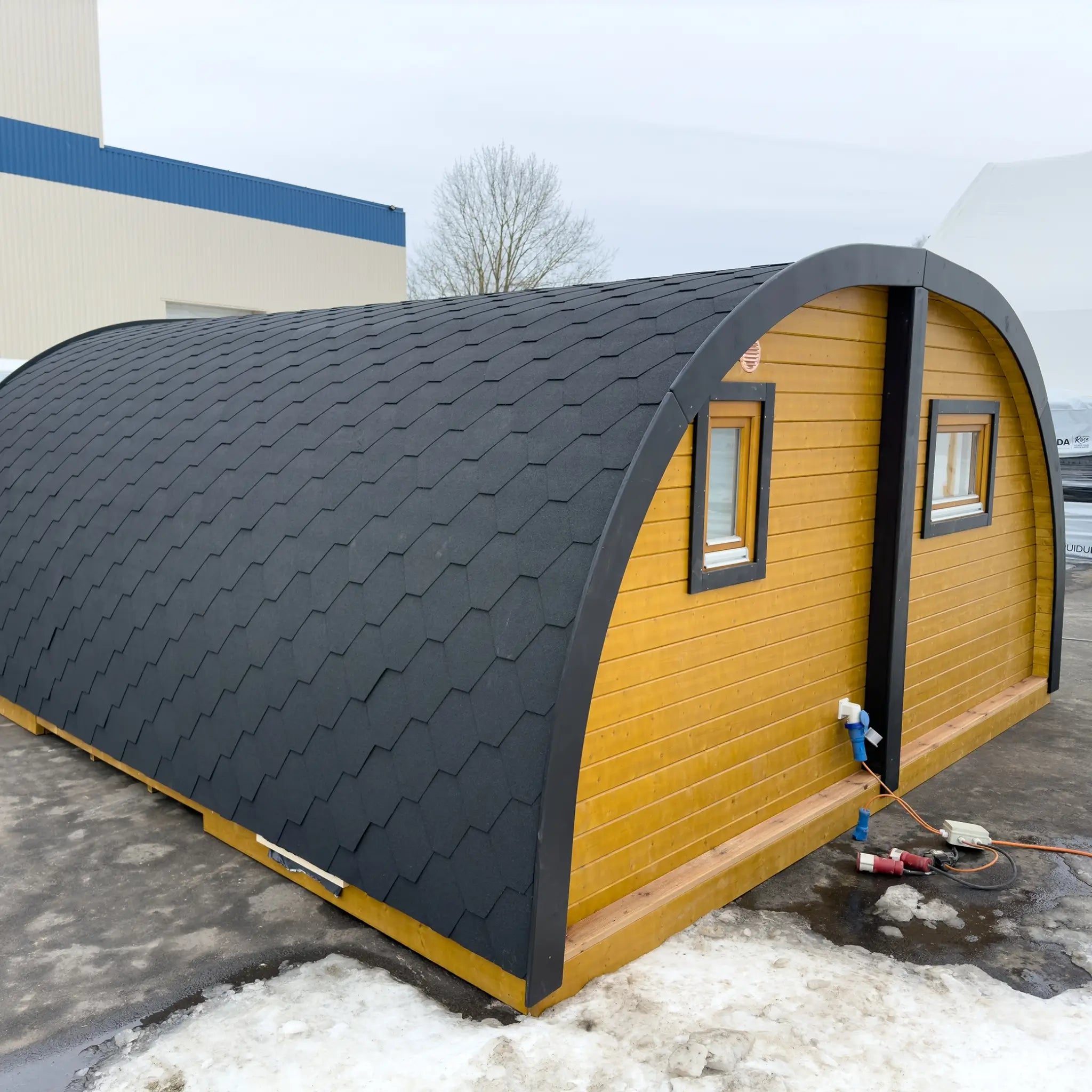 Rear View of Dual Halfmoon Pod Exterior with Utility Connections