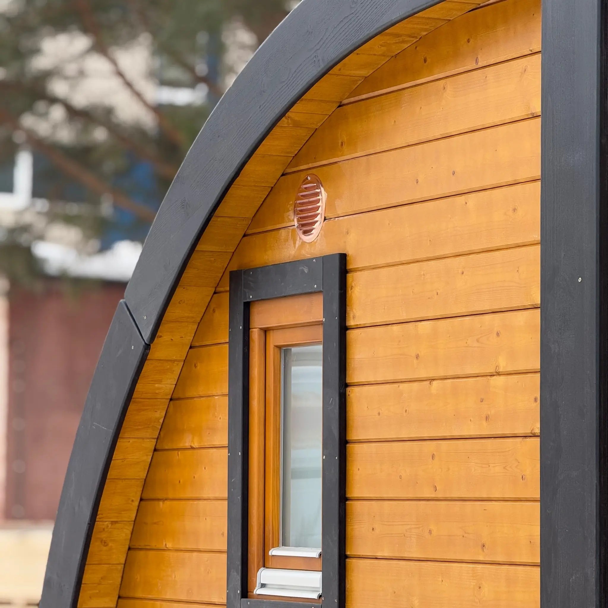 Curved Roof Window Detail on Dual Halfmoon Glamping Pod