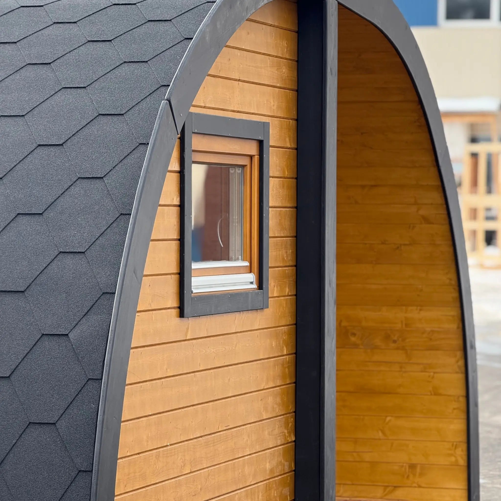 Curved Roof Detail on Dual Halfmoon Glamping Pod Exterior