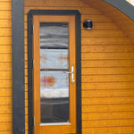 Glass Entrance Door and Exterior Lighting on Dual Halfmoon Pod