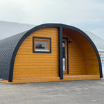 Front View of Dual Halfmoon Pod Exterior Entrance and Timber Cladding