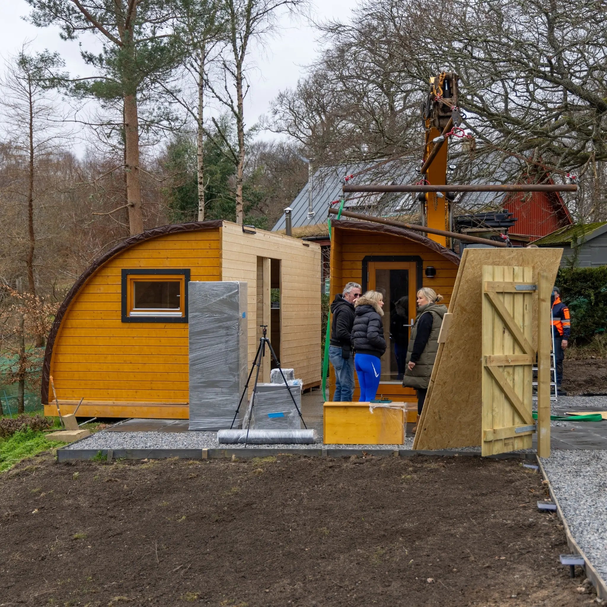 Crane Installation of Dual Halfmoon Glamping Pod on Site