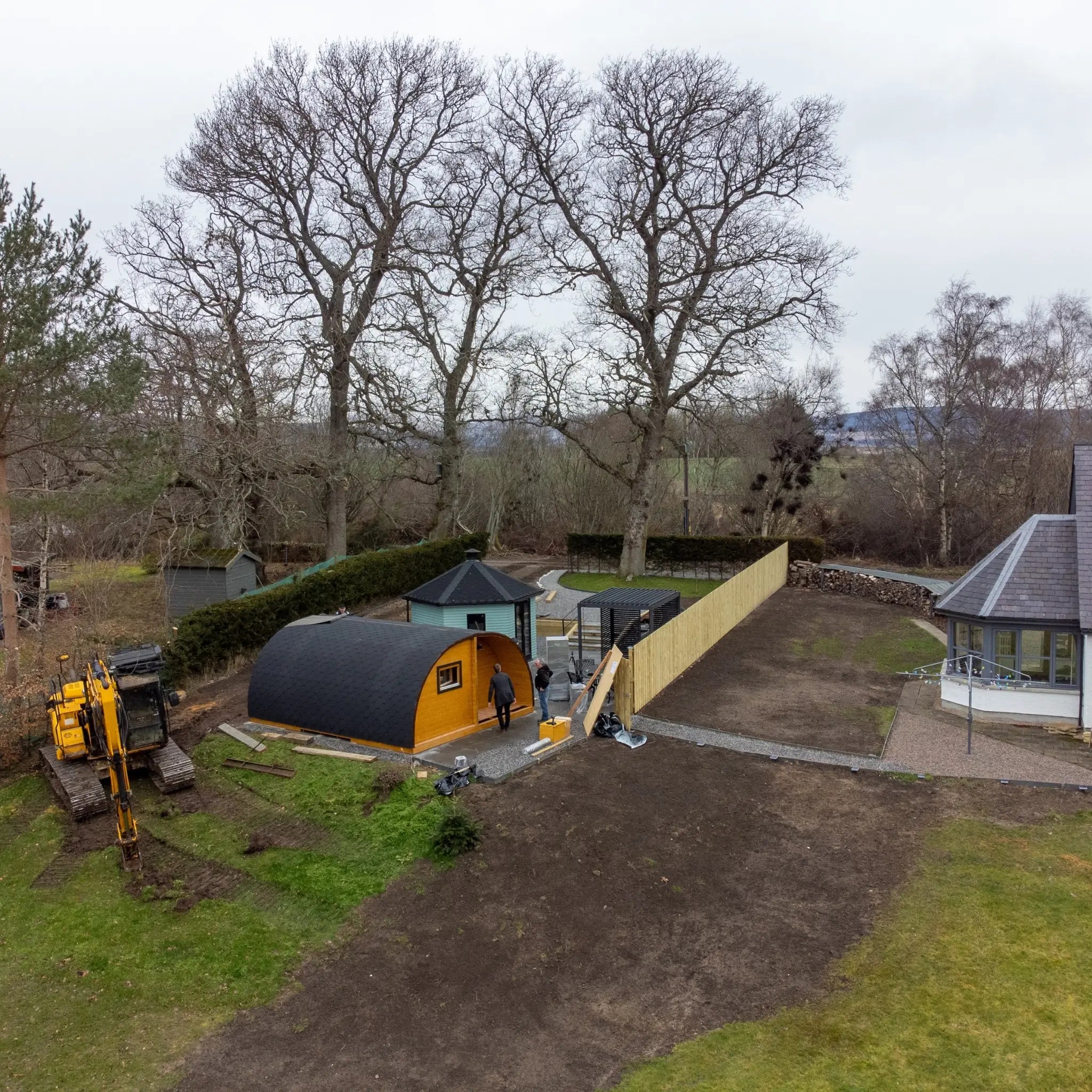 Aerial View of Dual Halfmoon Pod Installed at Countryside Glamping Site Close Up