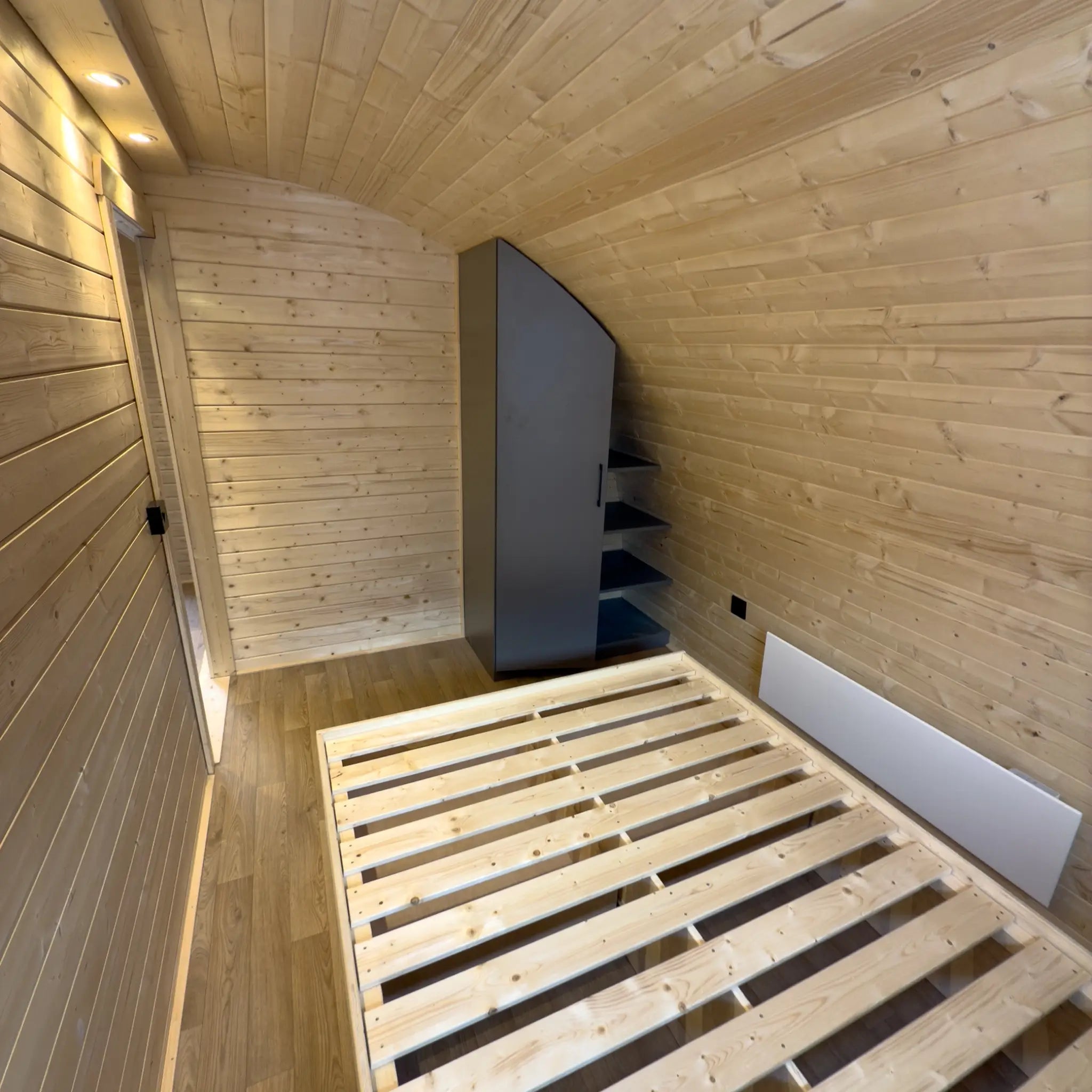 Bedroom Interior with Wardrobe and Bed Frame in Dual Halfmoon Pod