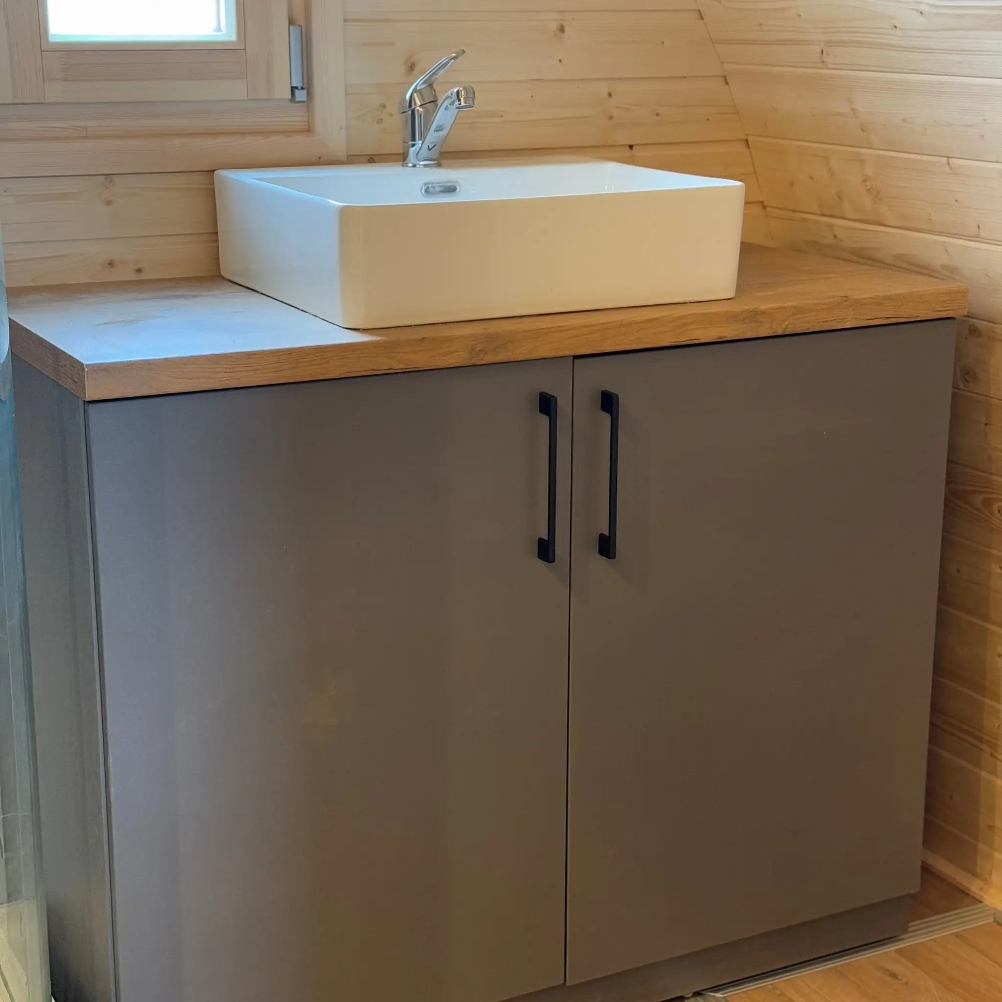 Bathroom Vanity Cabinet and Sink Inside Dual Halfmoon Glamping Pod