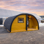 Angled Exterior View of Dual Halfmoon 4 Person Glamping Cabin