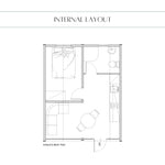 Internal layout plan of The Eagle's Nest luxury 2 person glamping pod with bedroom, bathroom, kitchen and open-plan living area