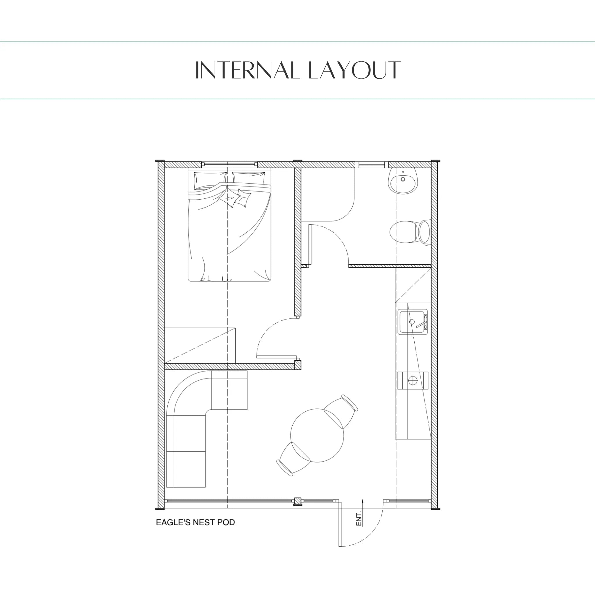 Internal layout plan of The Eagle's Nest luxury 2 person glamping pod with bedroom, bathroom, kitchen and open-plan living area