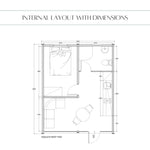 Dimensioned floor plan of The Eagle's Nest luxury 2 person glamping pod showing bedroom, bathroom, kitchen and living area measurements