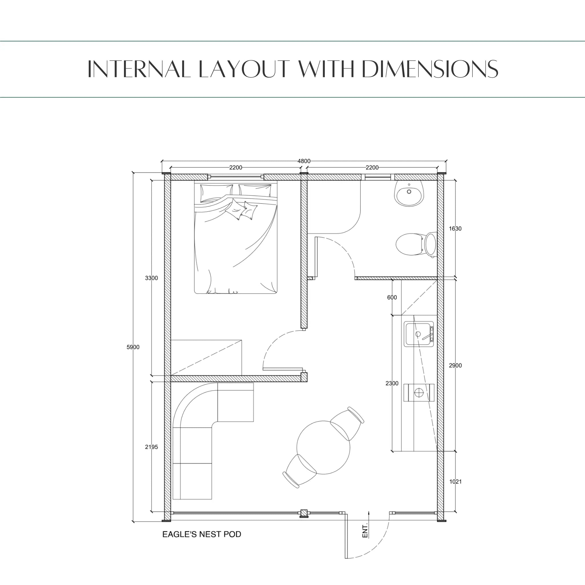 Dimensioned floor plan of The Eagle's Nest luxury 2 person glamping pod showing bedroom, bathroom, kitchen and living area measurements