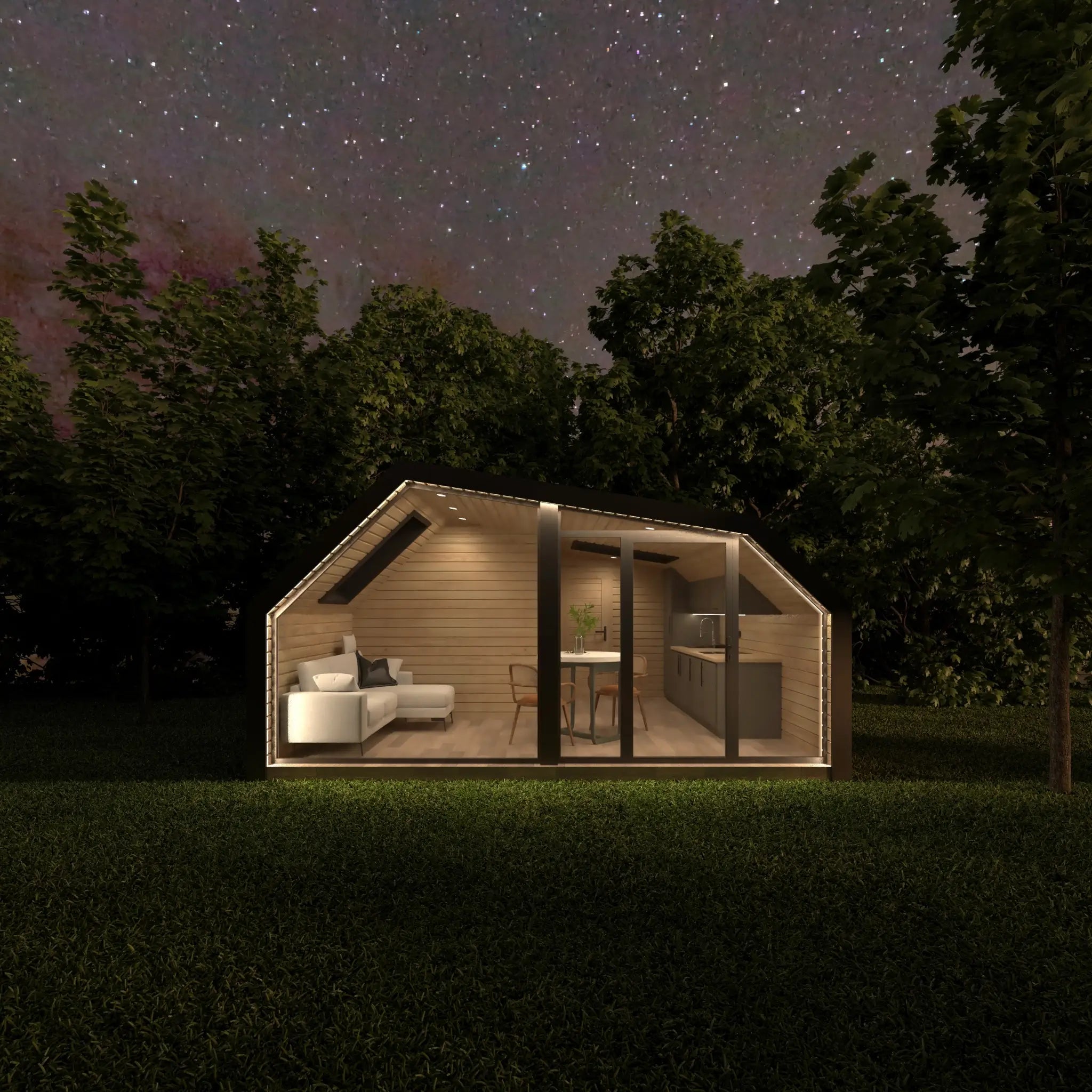 The Eagle's Nest luxury 2 person glamping pod illuminated at night with panoramic glazing in a woodland setting