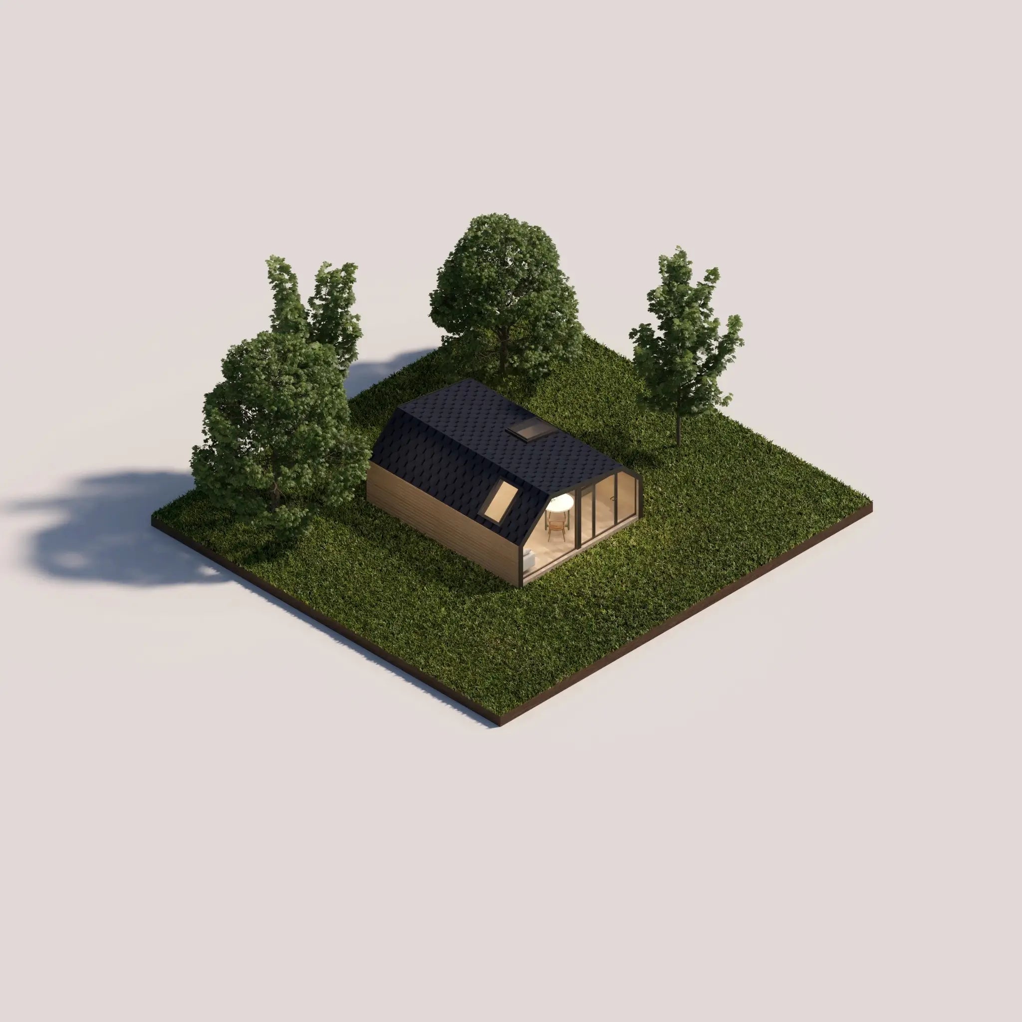 Aerial render of The Eagle's Nest luxury 2 person glamping pod showing rooflights, surrounding landscape and contemporary design