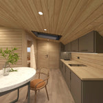Contemporary kitchen inside The Eagle's Nest luxury 2 person glamping pod with integrated appliances, skylight and dining area