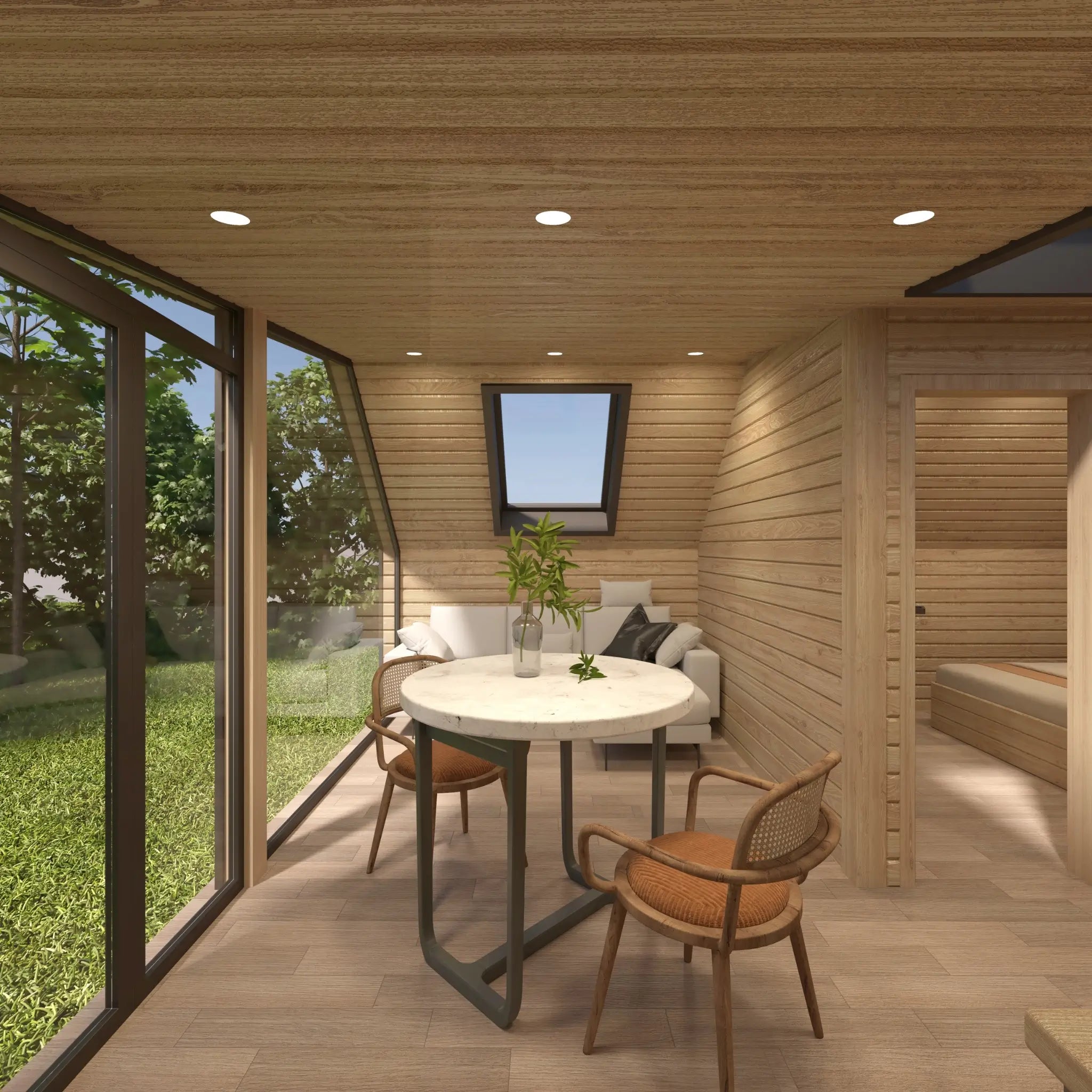 Dining area beside panoramic glazing inside The Eagle's Nest luxury 2 person glamping pod with woodland views