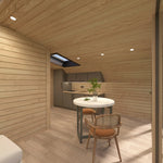 Modern kitchenette inside The Eagle's Nest luxury 2 person glamping pod with contemporary cabinets and dining space