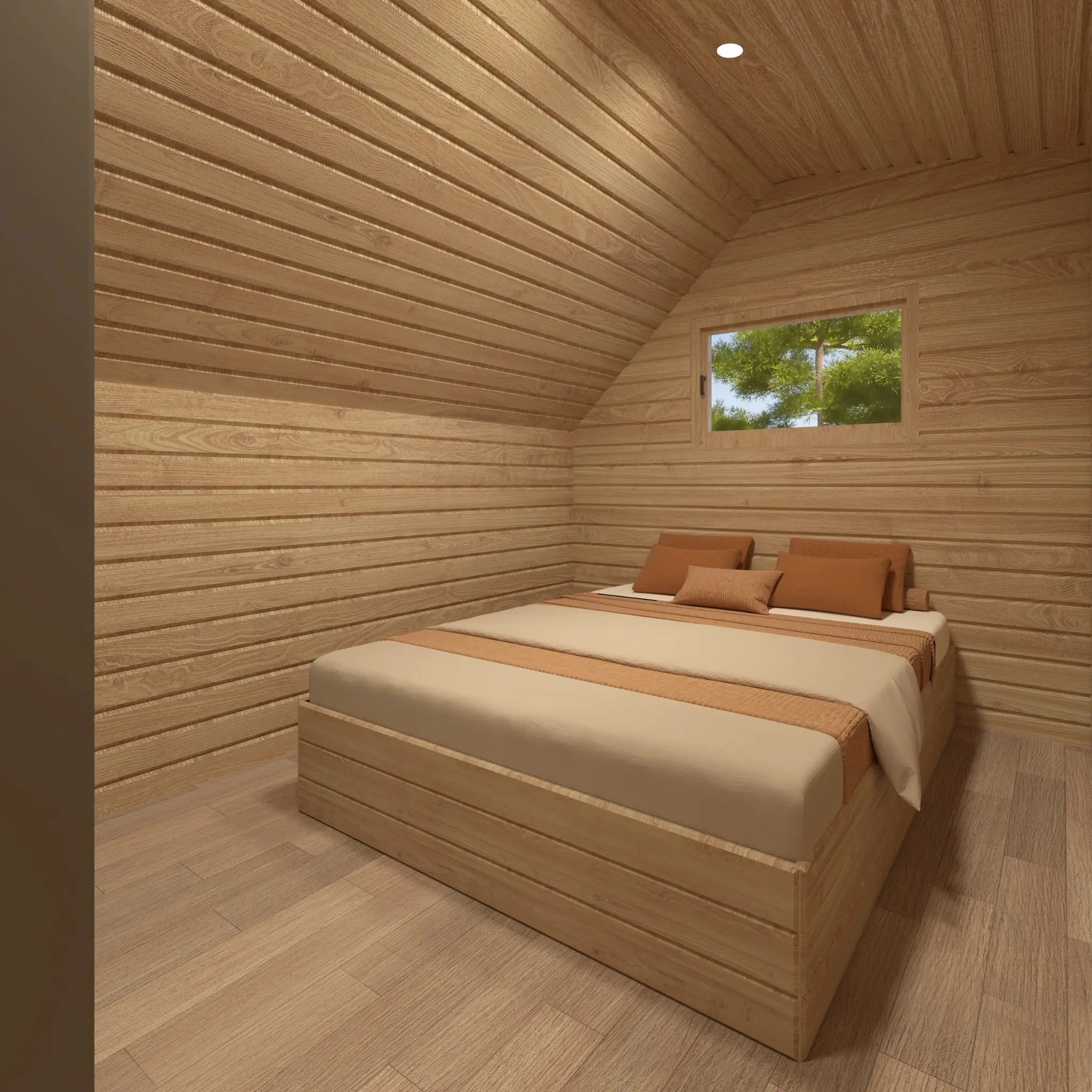 Double bedroom inside The Eagle's Nest luxury 2 person glamping pod with timber-lined walls and built-in bed