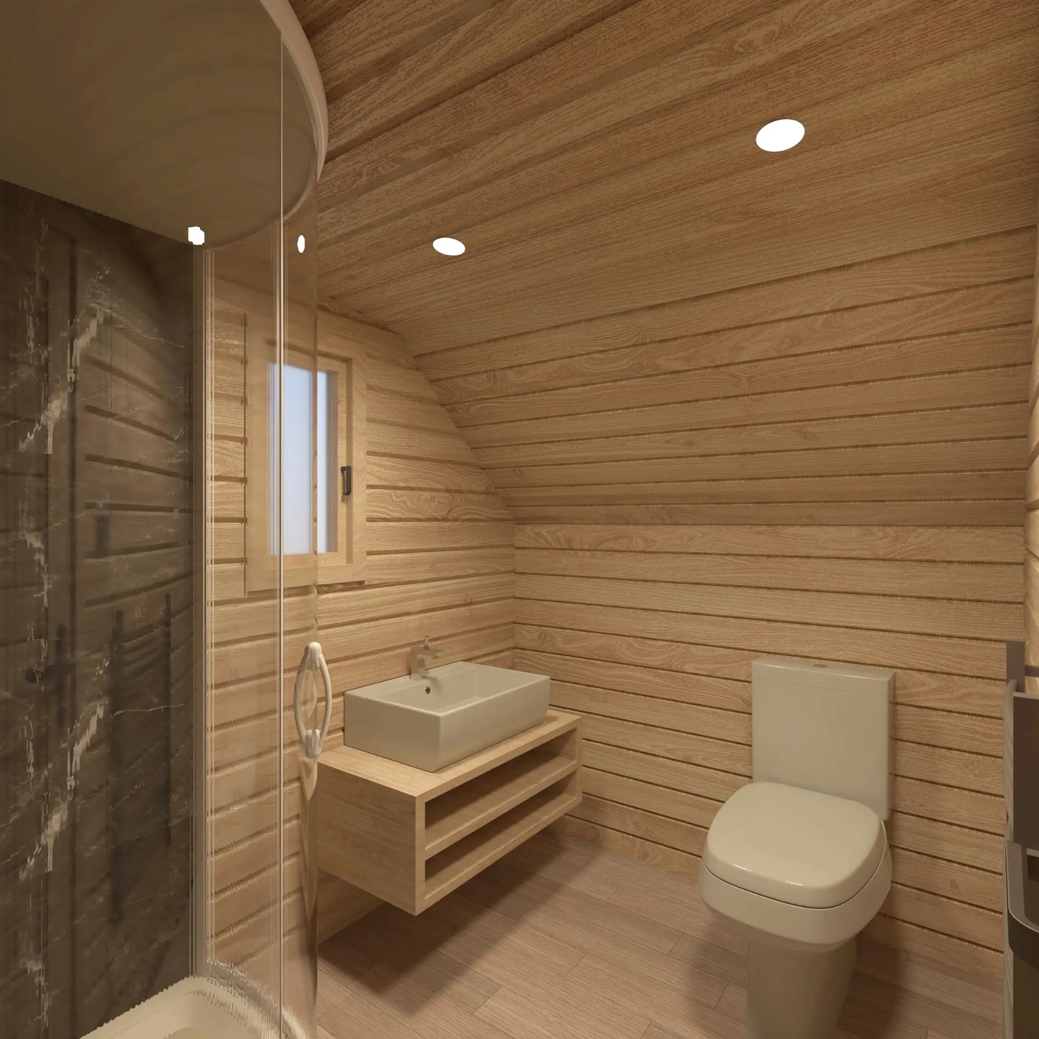 Modern bathroom inside The Eagle's Nest luxury 2 person glamping pod with shower enclosure, vanity unit and WC