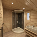 Corner shower and vanity area inside The Eagle's Nest luxury 2 person glamping pod with contemporary bathroom fittings