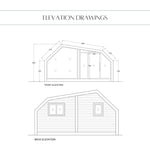 Elevation drawings of The Eagle's Nest luxury 2 person glamping pod showing front glazing, entrance door, rear windows and angular roof profile