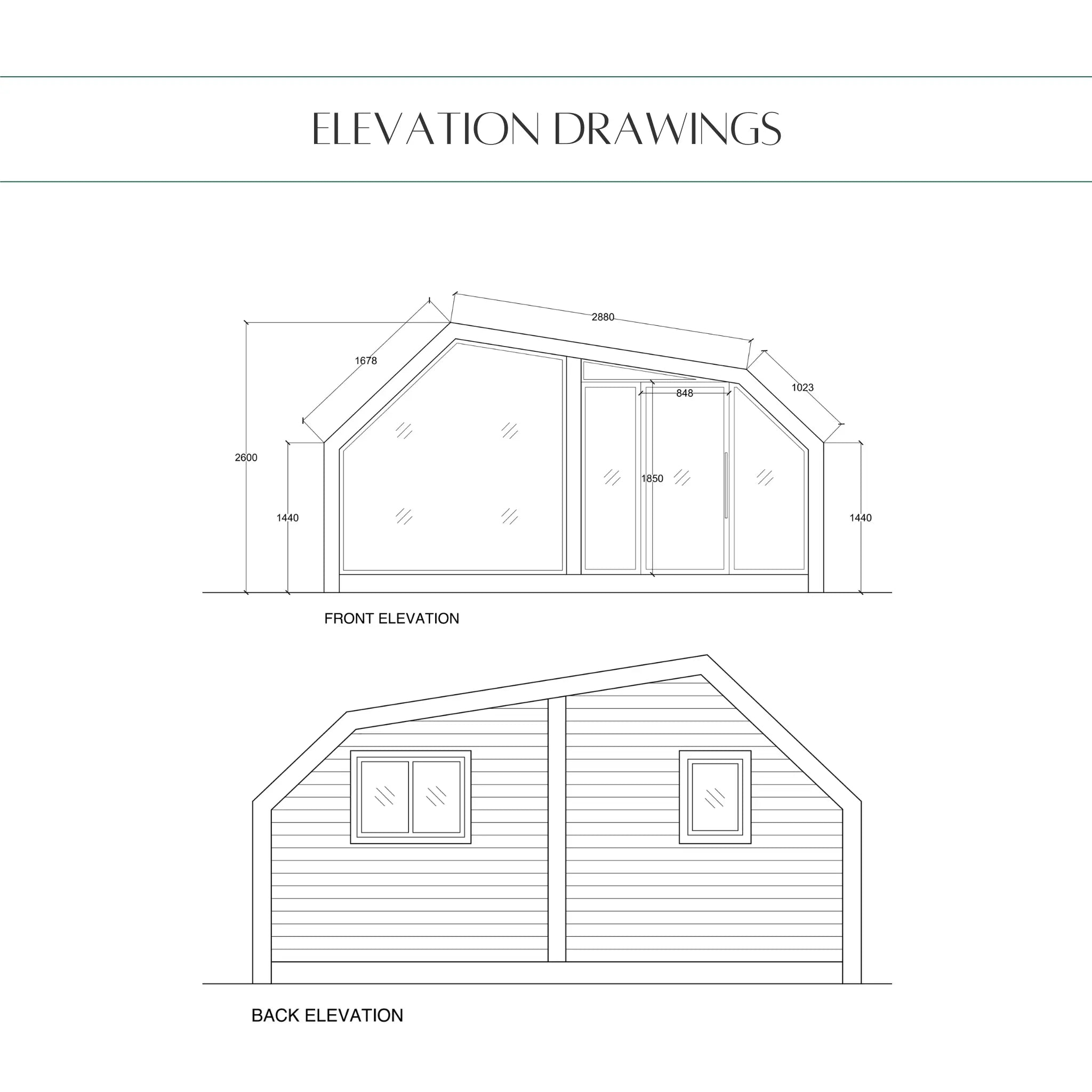 Elevation drawings of The Eagle's Nest luxury 2 person glamping pod showing front glazing, entrance door, rear windows and angular roof profile