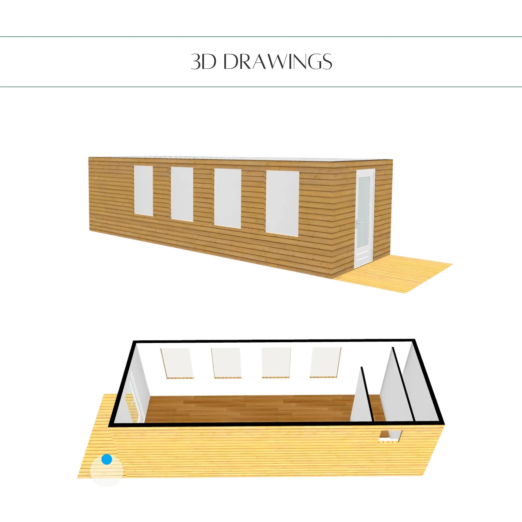 3D drawings of The “Fernwood” Art Studio showing the timber-clad exterior and open-plan interior layout
