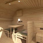 Convertible seating area in The Grotto Pod showing table configuration designed for flexible day use.