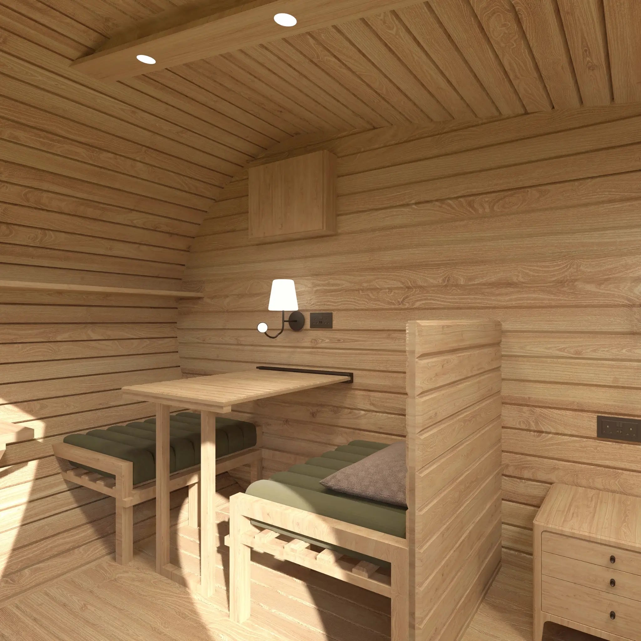 Convertible seating area in The Grotto Pod showing table configuration designed for flexible day use.