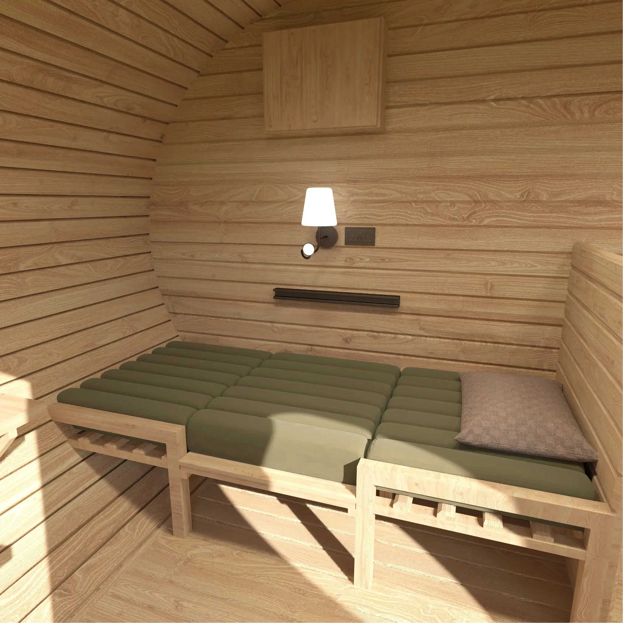 Convertible table transformed into a single sleeping area inside The Grotto Pod 3 person glamping pod.
