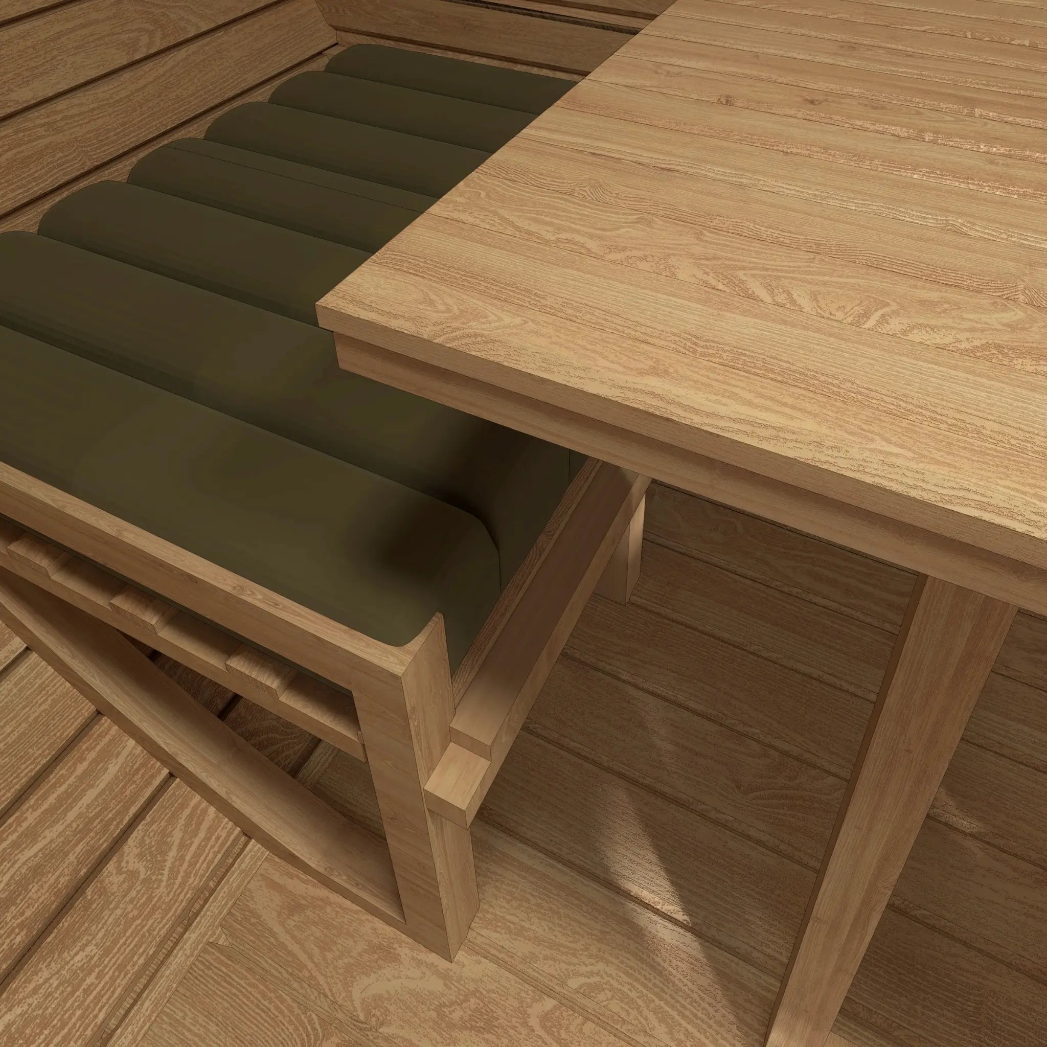 Close-up of cushioned bench seating used in the convertible bed system inside The Grotto Pod.