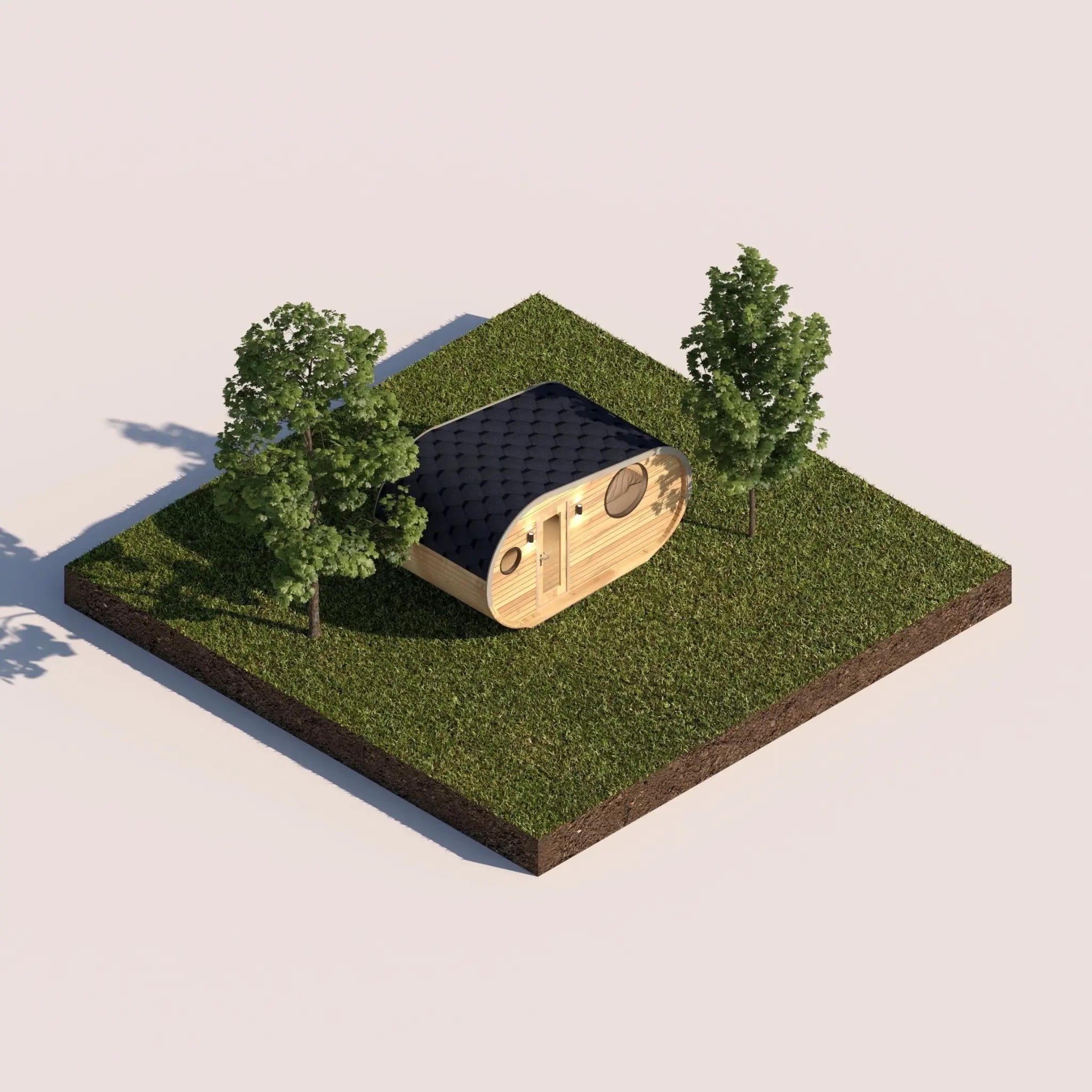 Aerial daytime view of The Grotto Pod set within a landscaped outdoor setting with surrounding trees.