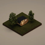 Aerial night-time view of The Grotto Pod with exterior lighting highlighting the curved timber design.