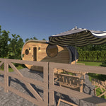 Angled side view of The Grotto Pod highlighting the curved roof, timber finish, and circular window.