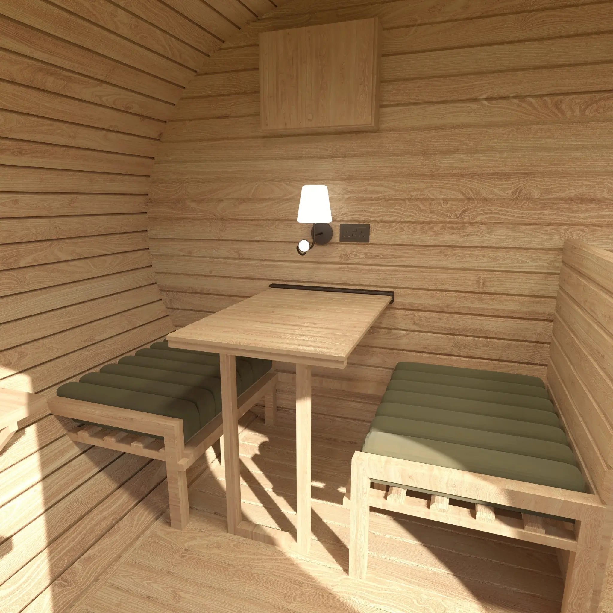 Convertible dining table setup inside The Grotto Pod luxury 3 person glamping pod with built-in bench seating.