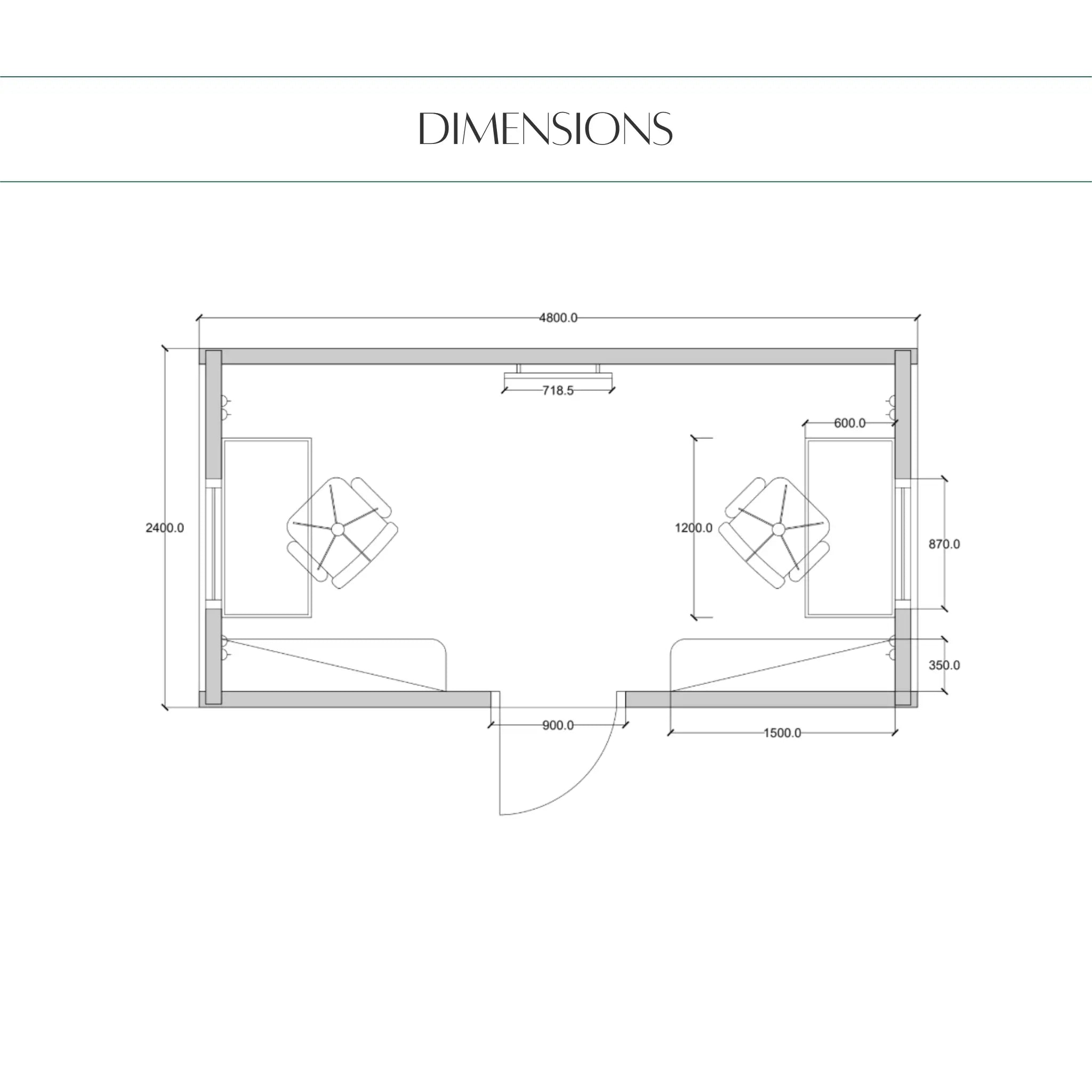 The Halfmoon Garden Office Pod dimension drawing showing a 4.8m x 2.4m office layout with desk spaces, entrance and key measurements.