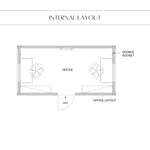 The Halfmoon Garden Office Pod internal floor plan showing a two-person office layout with desks, seating, entrance and double sockets.