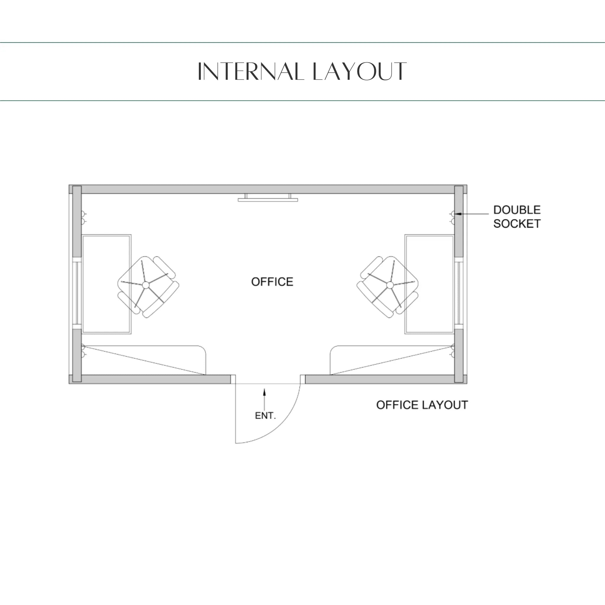 The Halfmoon Garden Office Pod internal floor plan showing a two-person office layout with desks, seating, entrance and double sockets.