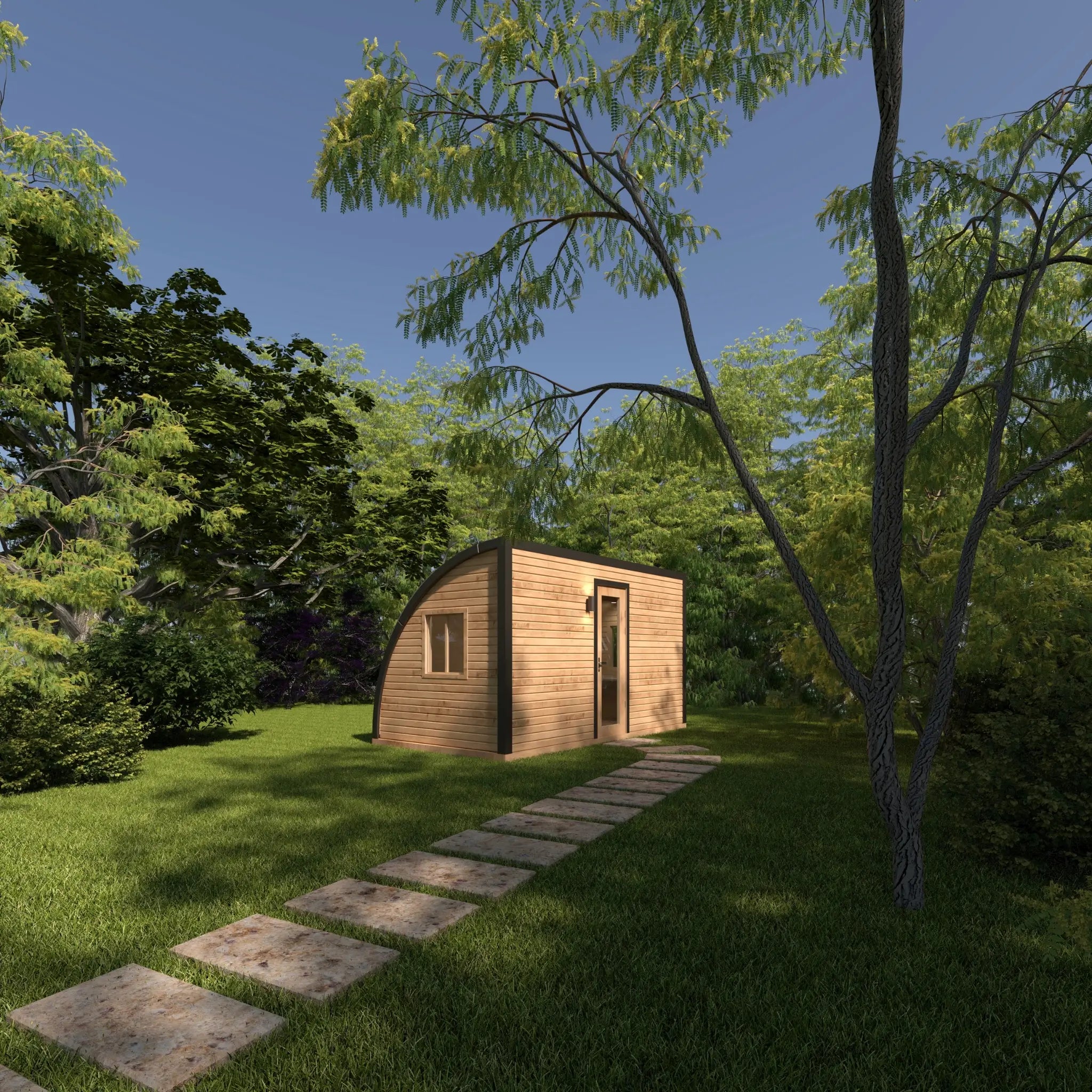 The Halfmoon Garden Office Pod exterior angled view featuring timber cladding, curved roof design, glazed entrance door and garden setting.