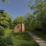 The Halfmoon Garden Office Pod exterior side view showing the curved Halfmoon profile, timber cladding, side window and garden setting.
