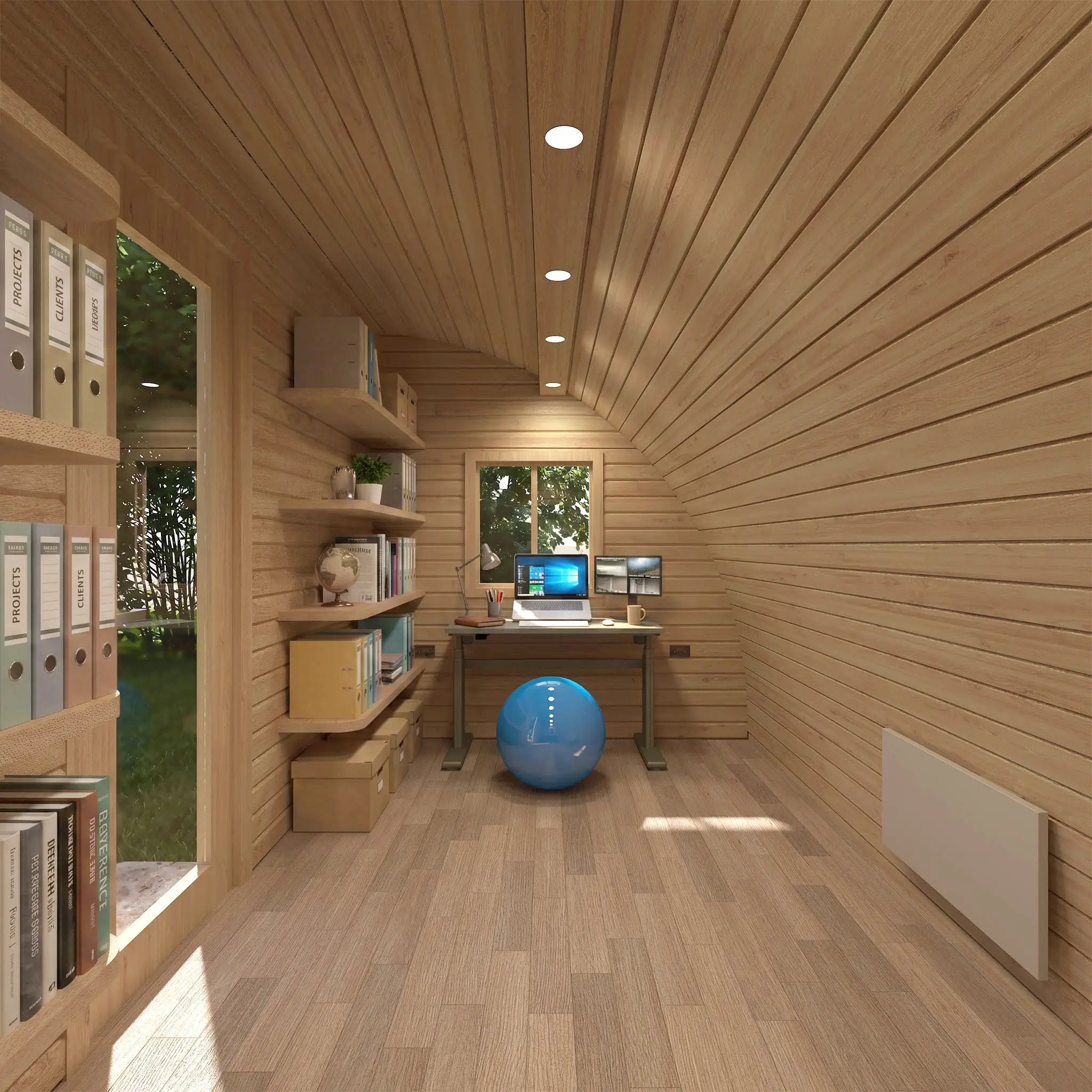 The Halfmoon Garden Office Pod interior featuring a dedicated desk workspace, timber-lined walls, shelving, storage and natural light.