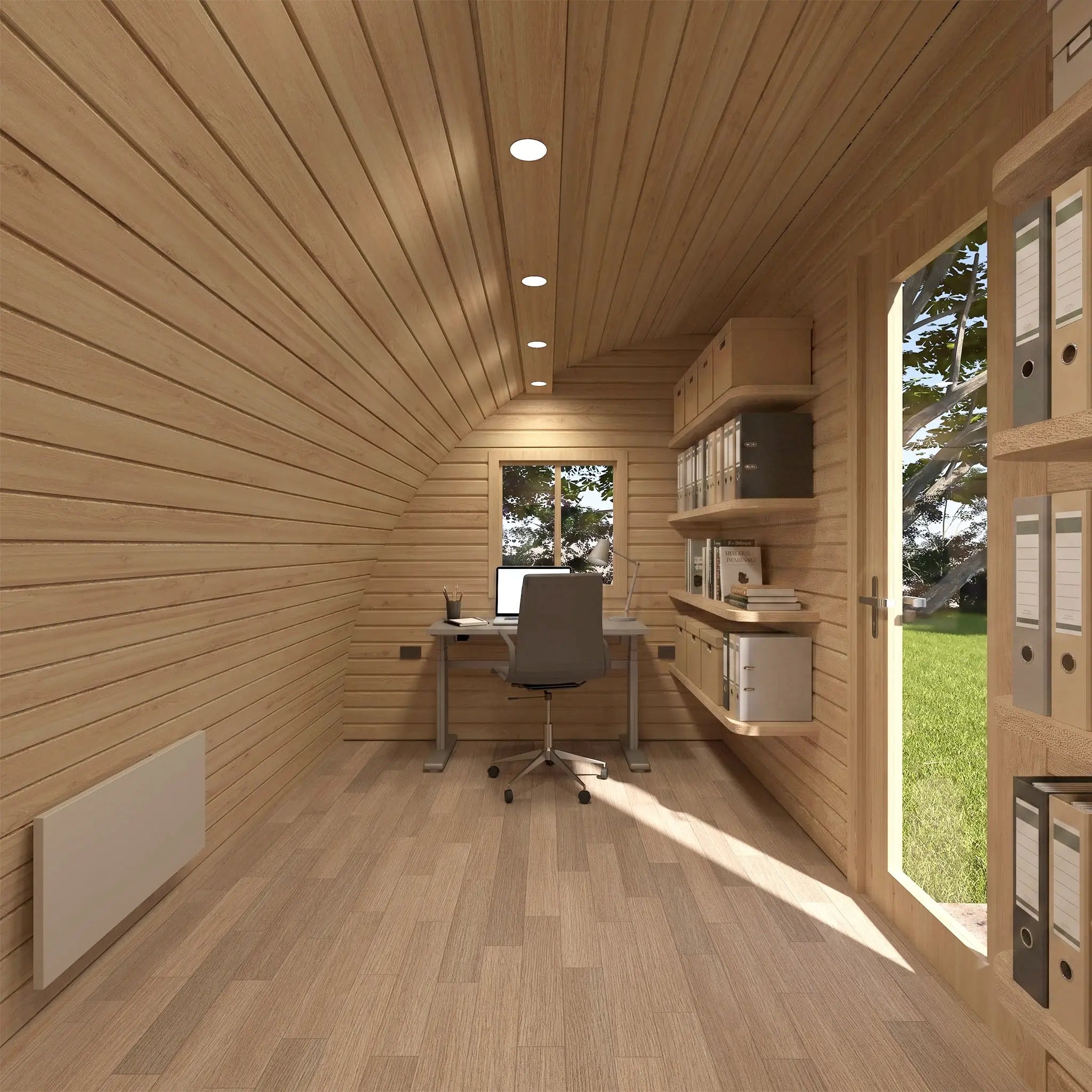 The Halfmoon Garden Office Pod interior showing a spacious two-person office setup with desks, shelving, storage and timber-lined finish.