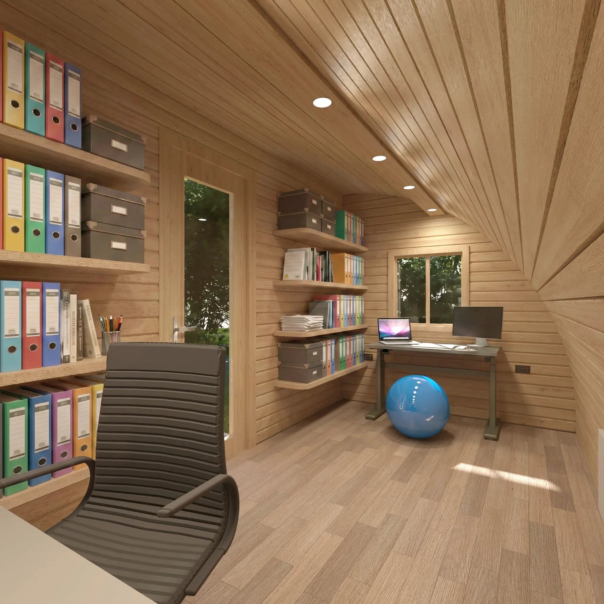 The Halfmoon Garden Office Pod home office interior featuring a desk workspace, shelving, storage, timber-lined walls and electric heating.