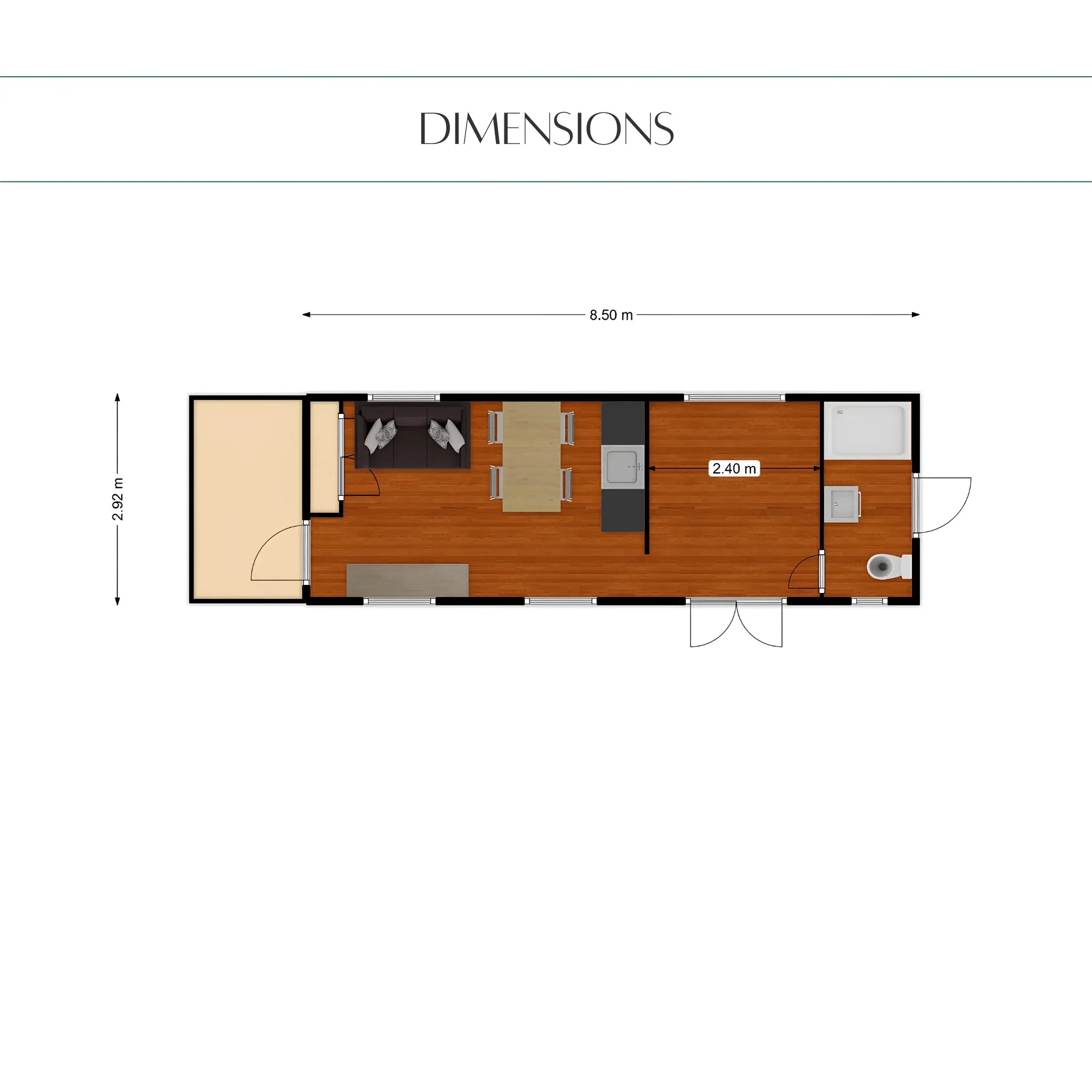 Shepherds hut floor plan with dimensions showing compact 2 person layout, kitchenette, bathroom, living area and porch in The Hawthorne luxury shepherd hut.