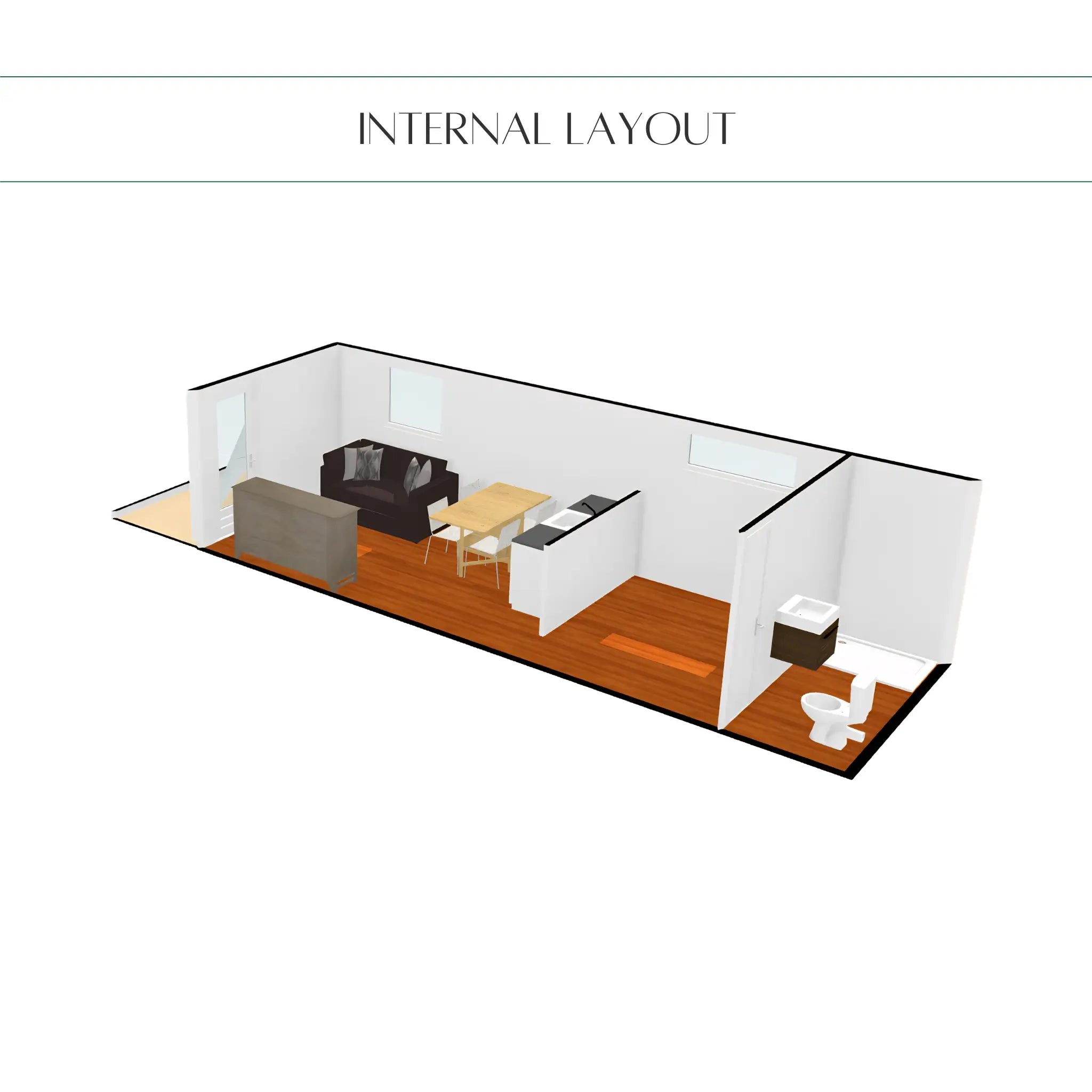 Internal layout rendering of The Hawthorne 2 person shepherds hut featuring open-plan living space, kitchenette, bathroom and sleeping area.