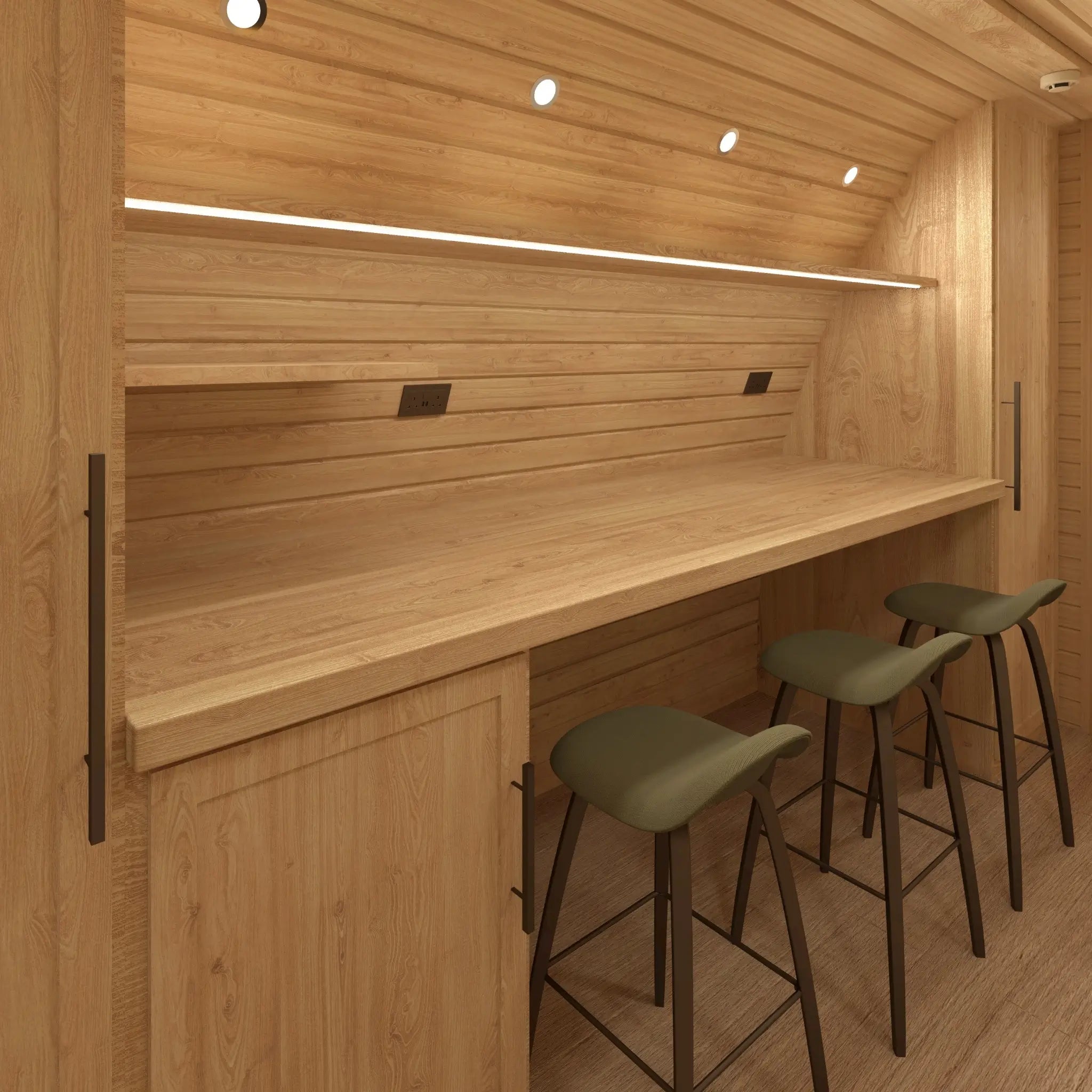 Interior dining area with accessible layout, timber finishes, and built-in seating inside the Hearthwood Pod 5 Person Glamping Pod with disabled access