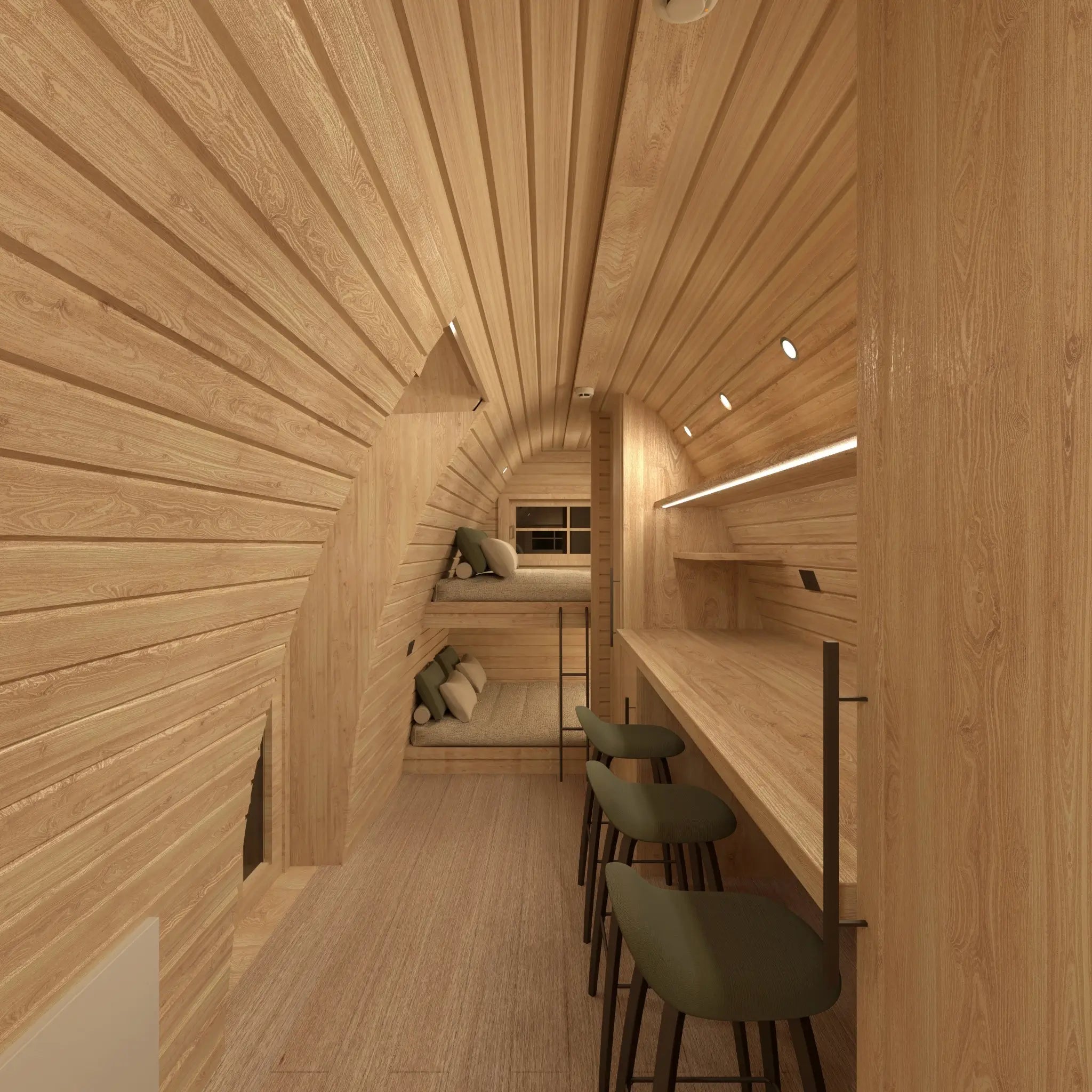 Interior view showing dining table and double bunk bed in the Hearthwood Pod 5 Person Glamping Pod with disabled access