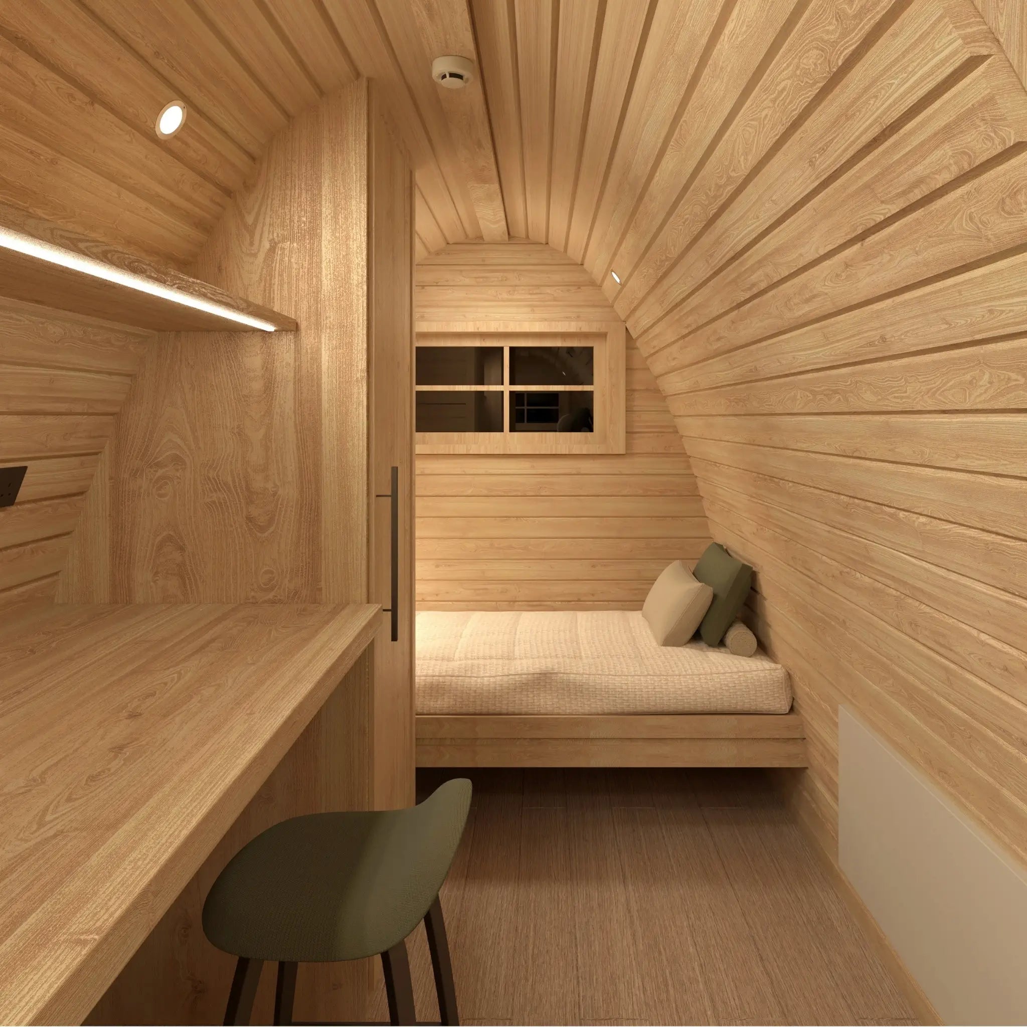 Interior sleeping area featuring a single bed with accessible spacing inside the Hearthwood Pod 5 Person Glamping Pod with disabled access